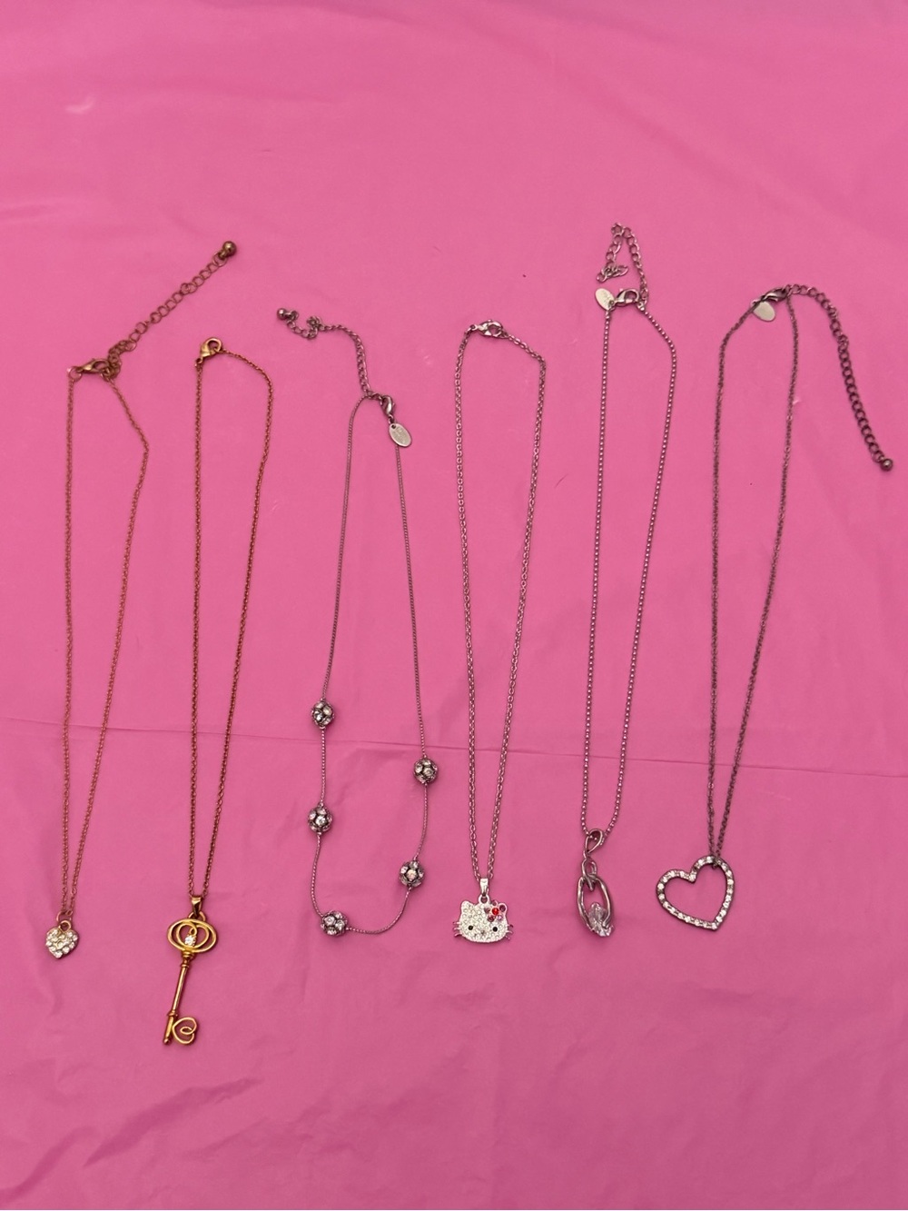 Lot of Women's Necklace Set in Gold and Silver  Heart, Key, Kitty - Set of 6